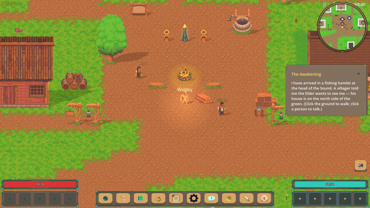 A new adventurer arrives on the hamlet green at dusk